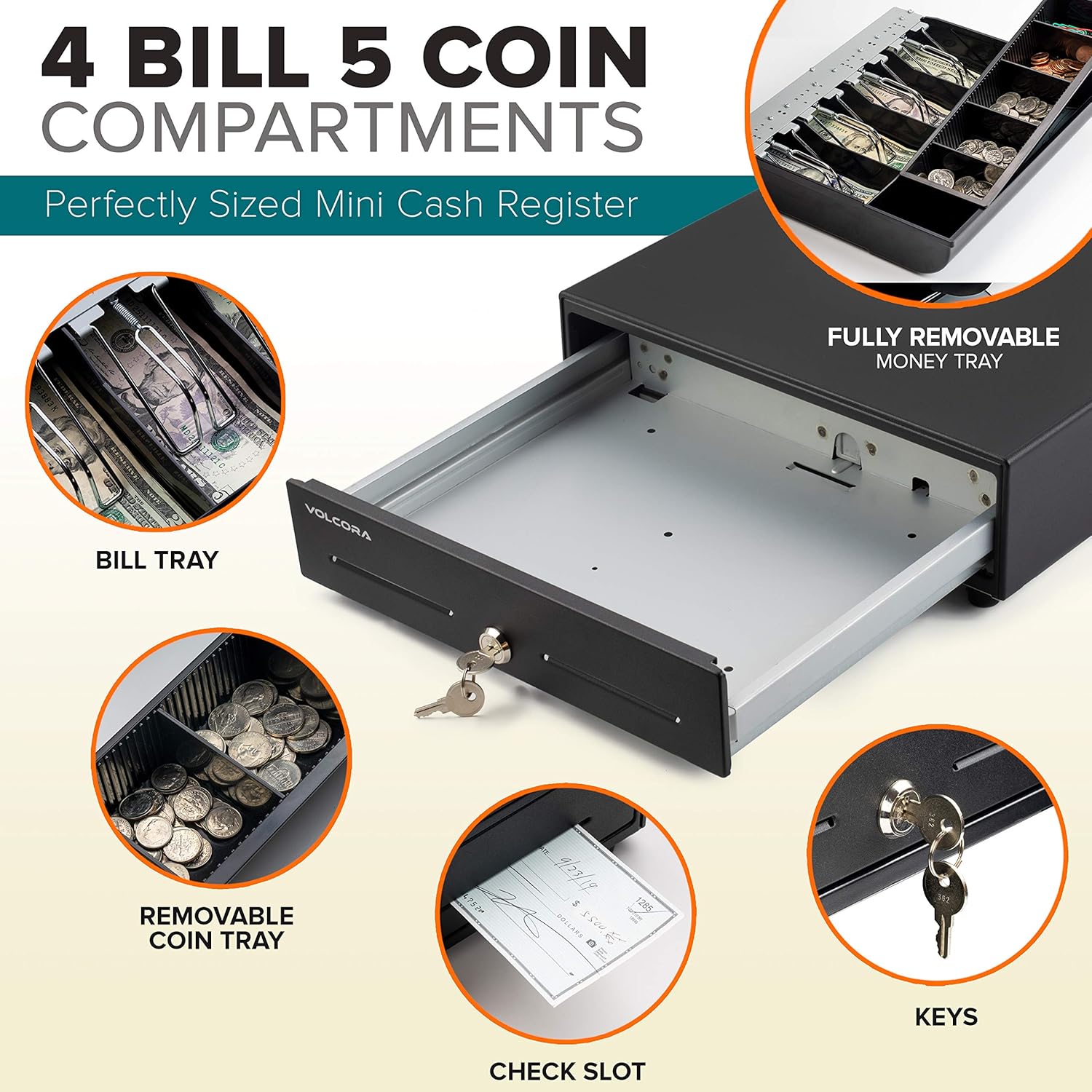 13" Manual Push Open Cash Register Drawer for Point of Sale (POS) System, Black Heavy Duty Till with 4 Bills and 5 Coin Slots, Key Lock with Fully Removable Money Tray and Double Media Slots : Electronics
