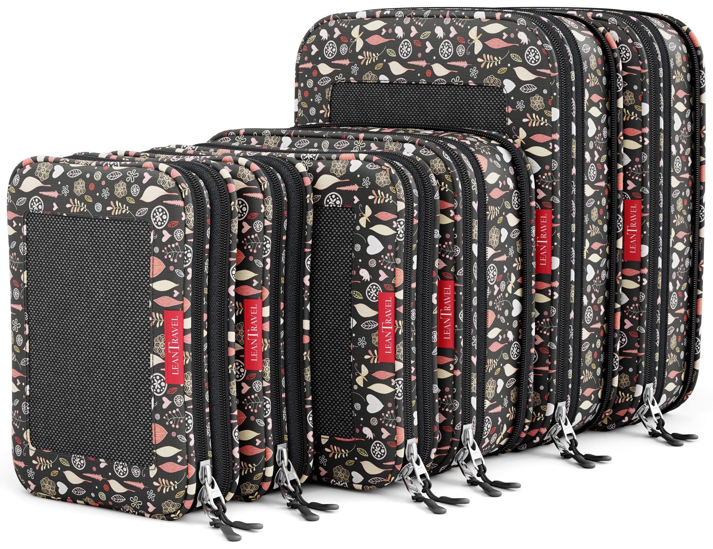 Photo 1 of LeanTravel Compression Packing Cubes for Travel Organizers with Double Zipper (6-Pack (2L+2M+2S), Flowers & Leaves)