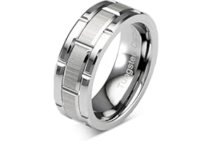 100S JEWELRY Tungsten Rings For Men Wedding Band Silver Brick Pattern Brushed Engagement Promise Size 6-16