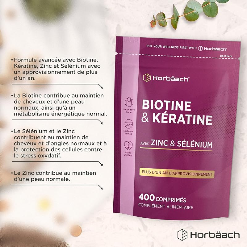 Biotine Cheveux avec Kératine et Zinc - 400 Comprimés - +1 An de Réserve