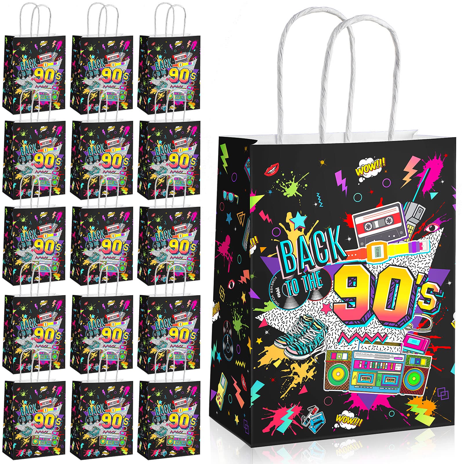 16 Pieces 90s Party Theme Bags Back to The 90's Paper Bags with Handles Throwback Birthday Themed Paper Goodies Bags 90s Party Treat Bags 1990s Party Decorations for 90s Disco Retro Party Supplies