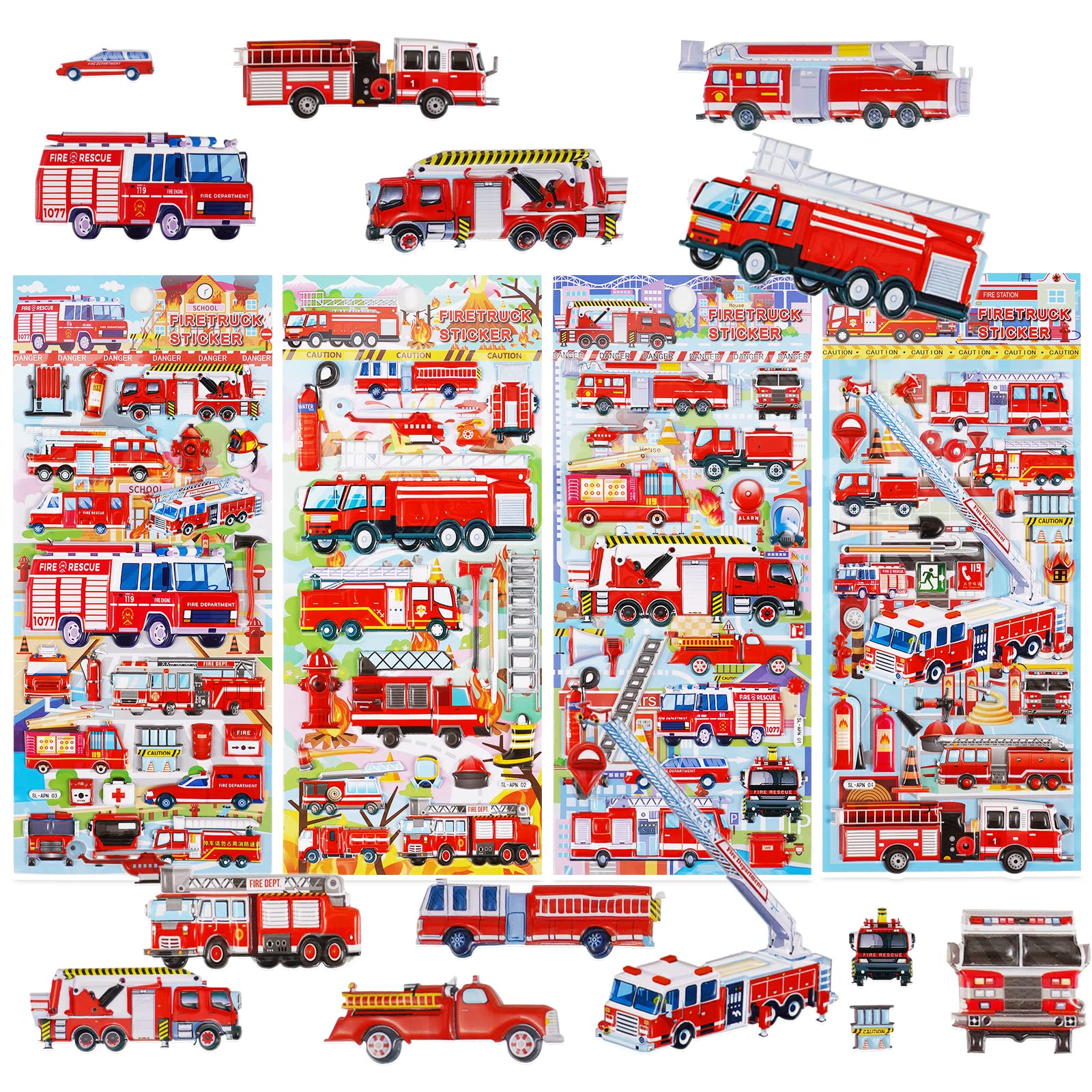 Fire Truck Stickers for Kids, 3D Puffy Fire Engine Stickers, Including Firefighter Rescue & Safety, 4 Pack