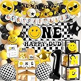 One Happy Dude 1st Birthday Party Decorations Party Supplies First Birthday Party Decoration for Boy Black and Yellow Theme Backdrop Balloon High Chair Banner Balloon Boxes Crown Poster (Selection-D)
