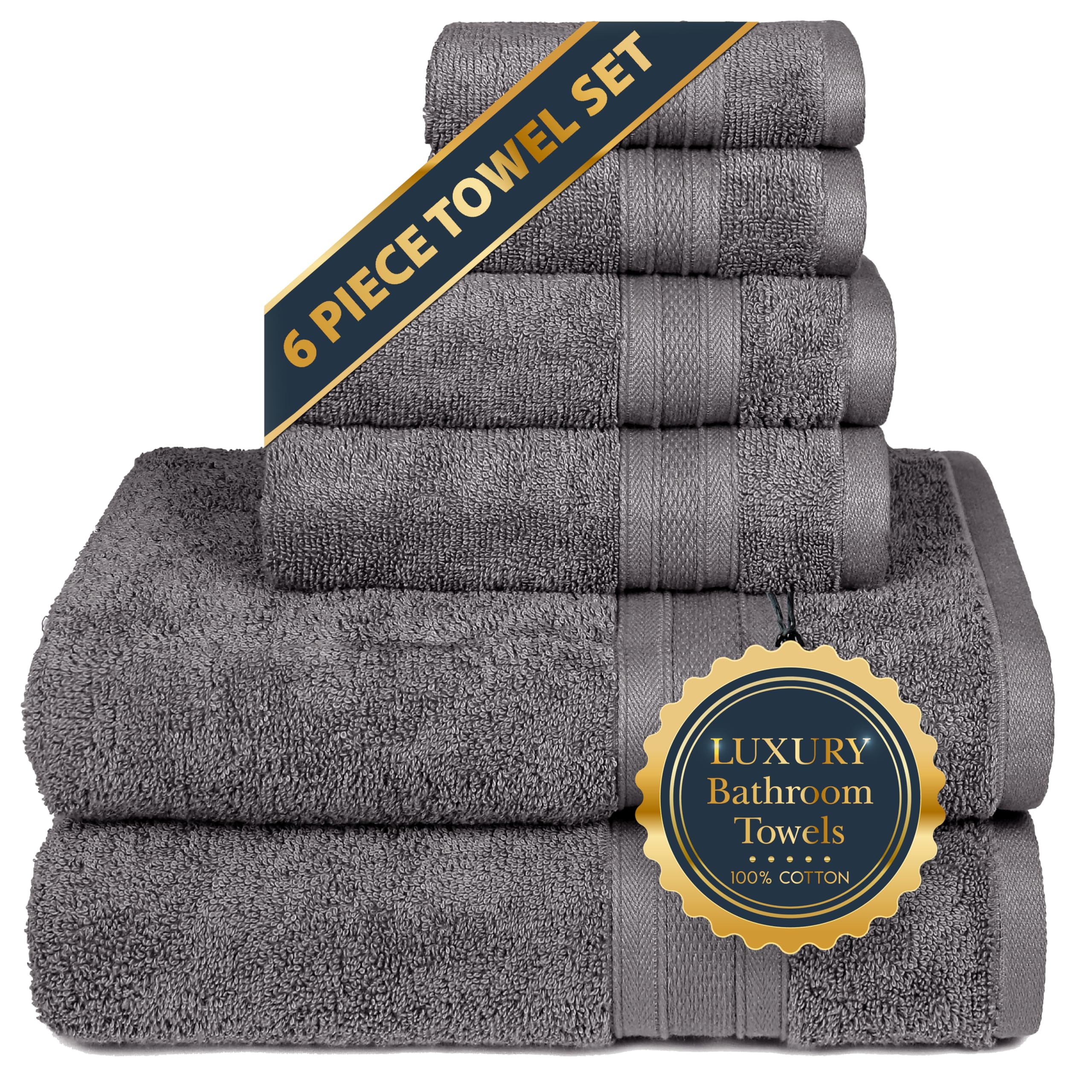 TRIDENT 6 Piece Towel Set - 100% Cotton, Charcoal - Bath Towels, Hand Towels, Washcloths, 500 GSM, OEKO-TEX Certified