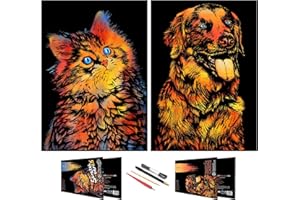 BOTEEN Scratch Rainbow Painting Art Paper,Scratch & Sketch Art for Kids & Adults,Animal Series Creative DIY Gifts&Arts Craft Kits with 4 Tools,16x11(Dog&Cat)