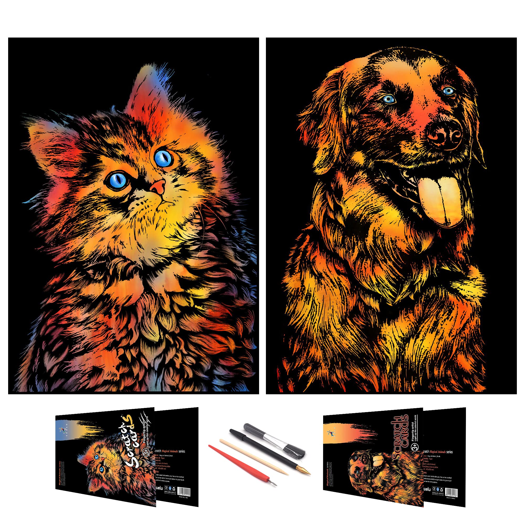SiYear Scratch Painting Art Paper,Animal Series Scratchboard for Adults, Gifts&Arts Craft Kits with 4 Tools,Size:16''x11'' (Cat&Dog)