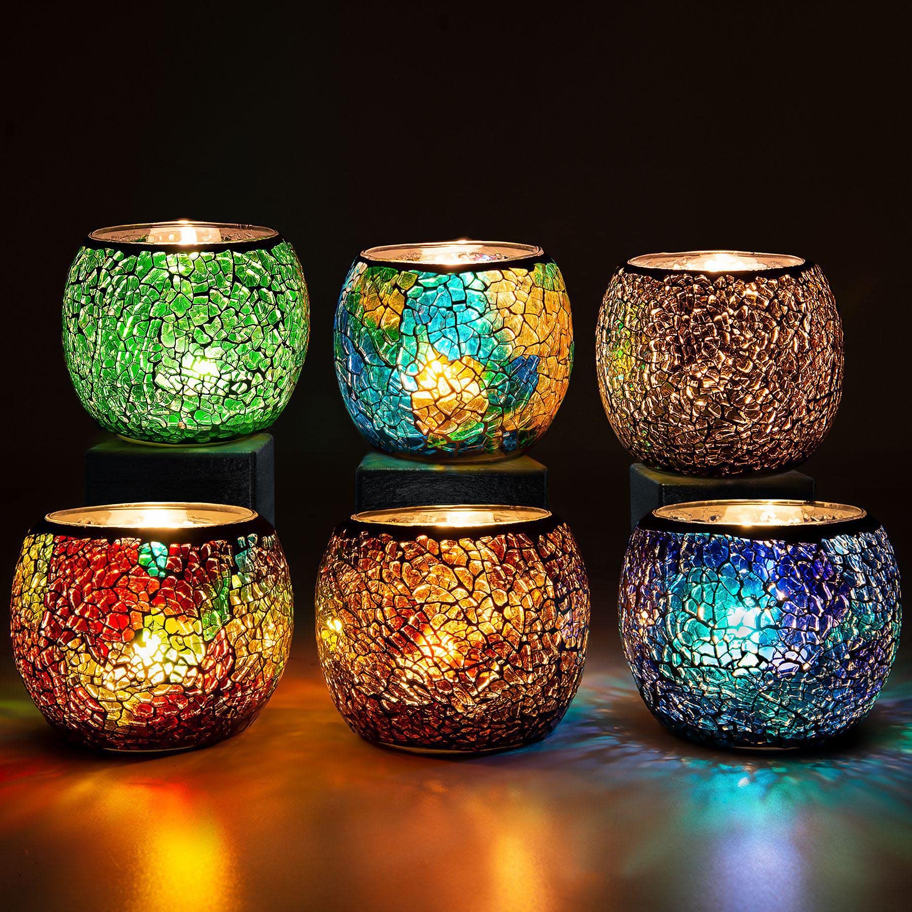 Photo 1 of Rancco Glass Votive Candle Holder for Tealight, 6 Set Romantic Stained Mosaic Tealight Candle Holders, Handmade Cracked Aromatherapy Candle Lamp for Valentine, Party, Christmas Table Centerpiece Decor