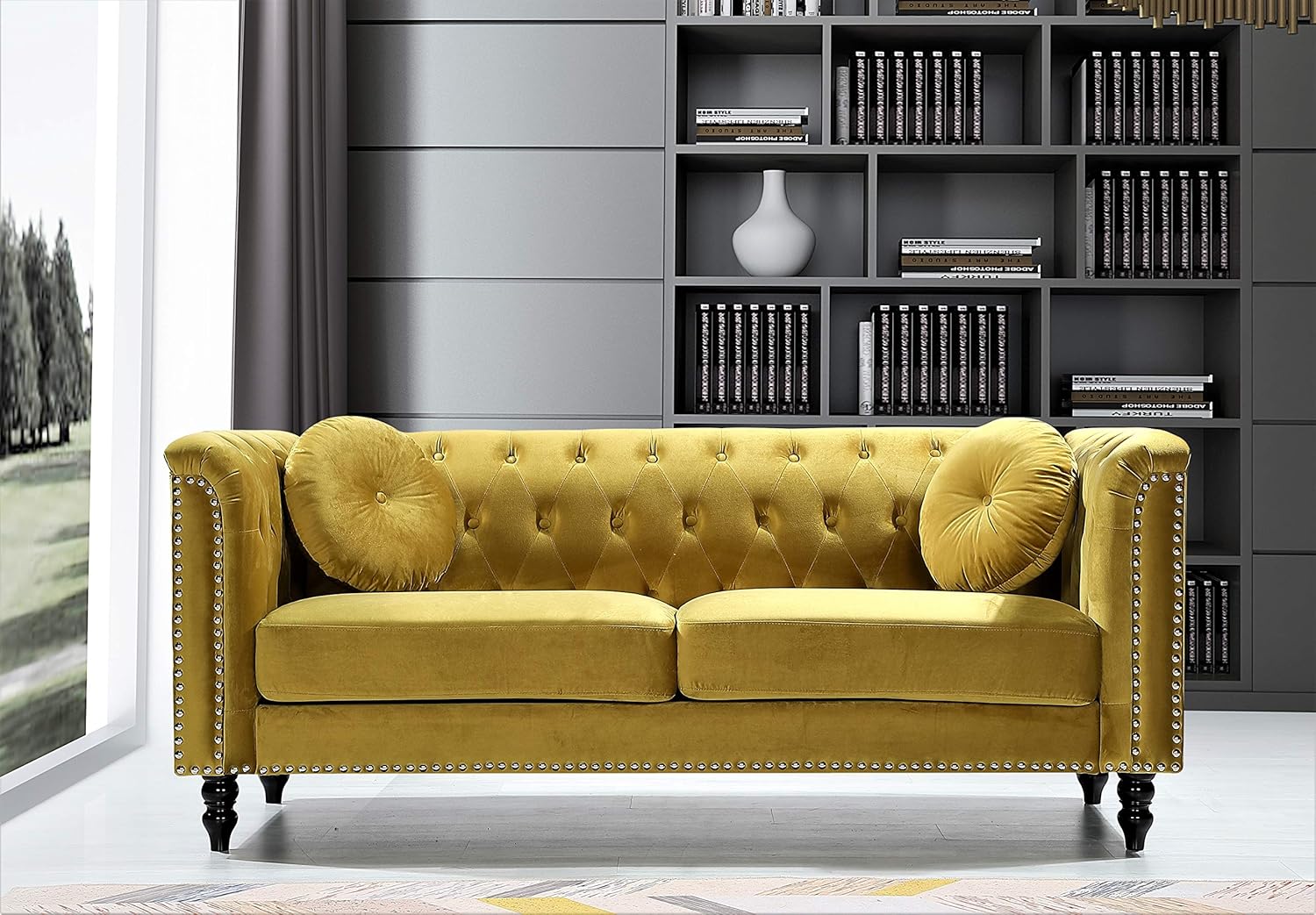 Container Furniture Direct Kittleson Mid Century Velvet Upholstered Nailhead Chesterfield Sofa Set, 2 Piece, Strong Yellow: Furniture & Decor