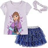 Disney Princess Moana Frozen Girls Short Sleeve Shirt and Tulle Skirt with Headband Set for Toddler and Big Kids