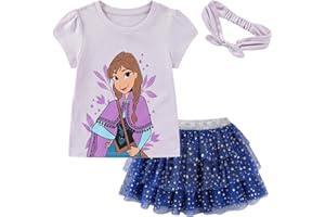 Disney Princess Moana Frozen Girls Short Sleeve Shirt and Tulle Skirt with Headband Set for Toddler and Big Kids