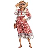 R.Vivimos Women's Long Sleeve Floral Print Retro V Neck Tassel Bohemian Midi Dresses