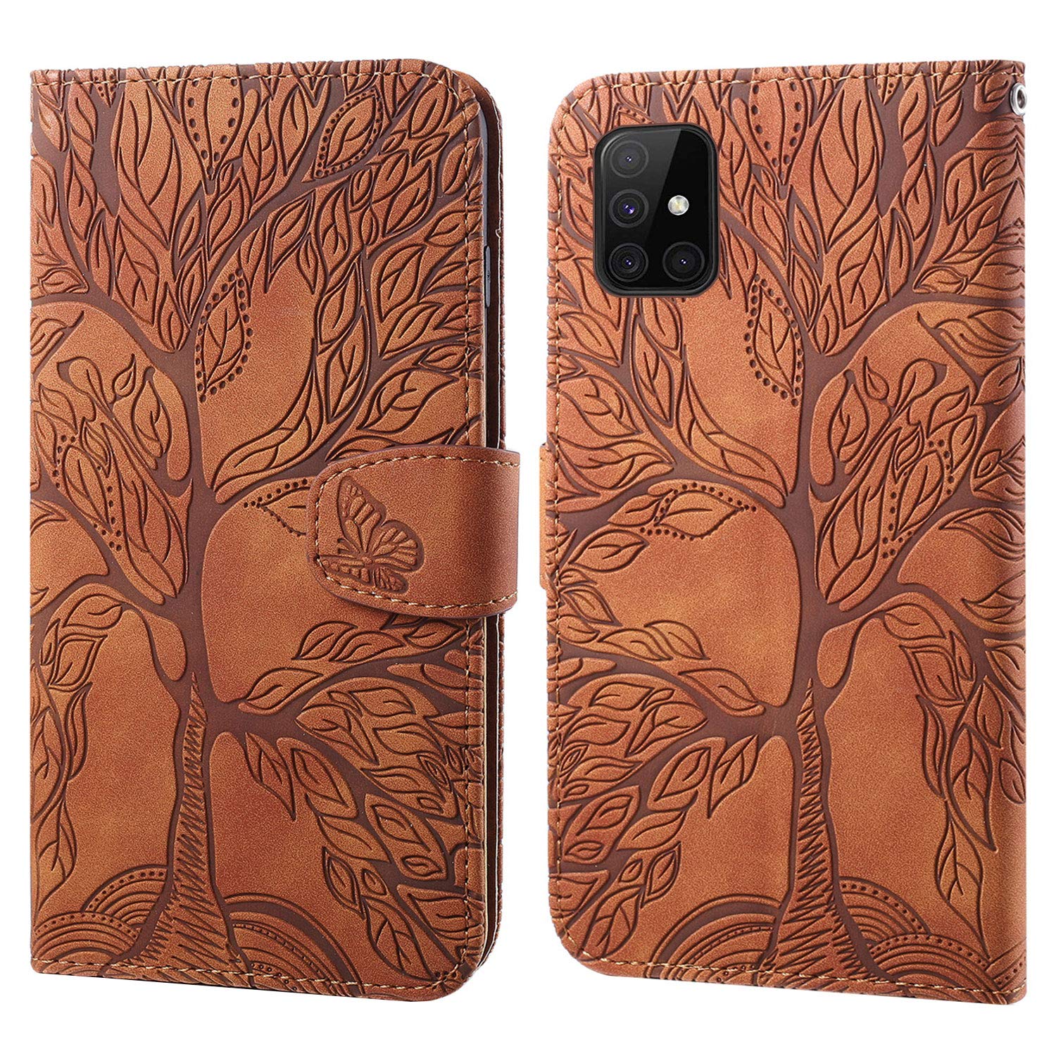 Aisenth for Samsung Galaxy A51 Flip Case, The Tree of Life Embossed PU Leather Wallet Phone Folio Case Magnetic shockproof Protective Cover with Stand function, Card Slots + 1 pcs Wrist Strap (Brown)
