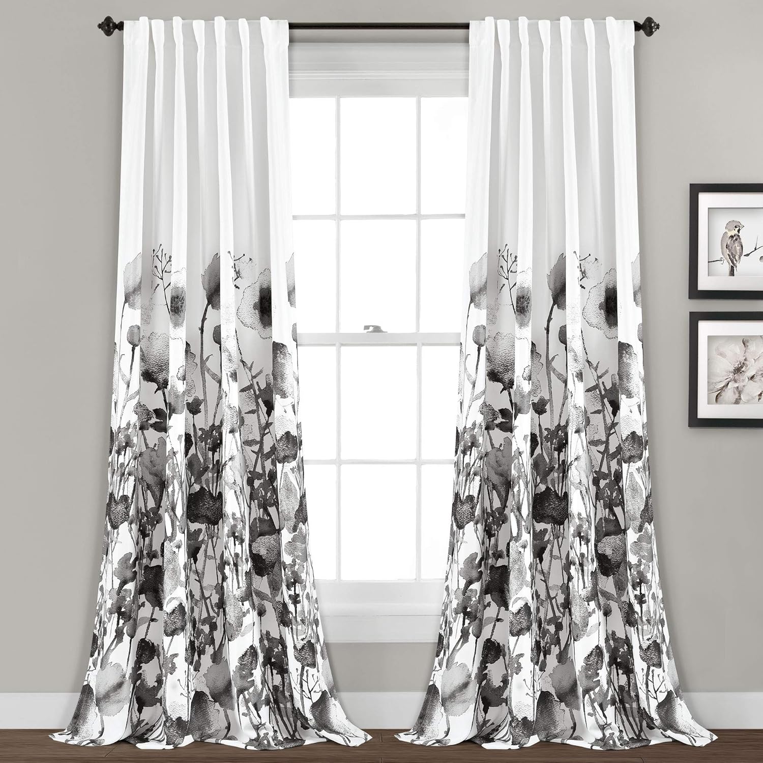 Lush Decor Zuri Flora Room Darkening Window Curtain Panel Pair, 84" L x 52" W, White& Black