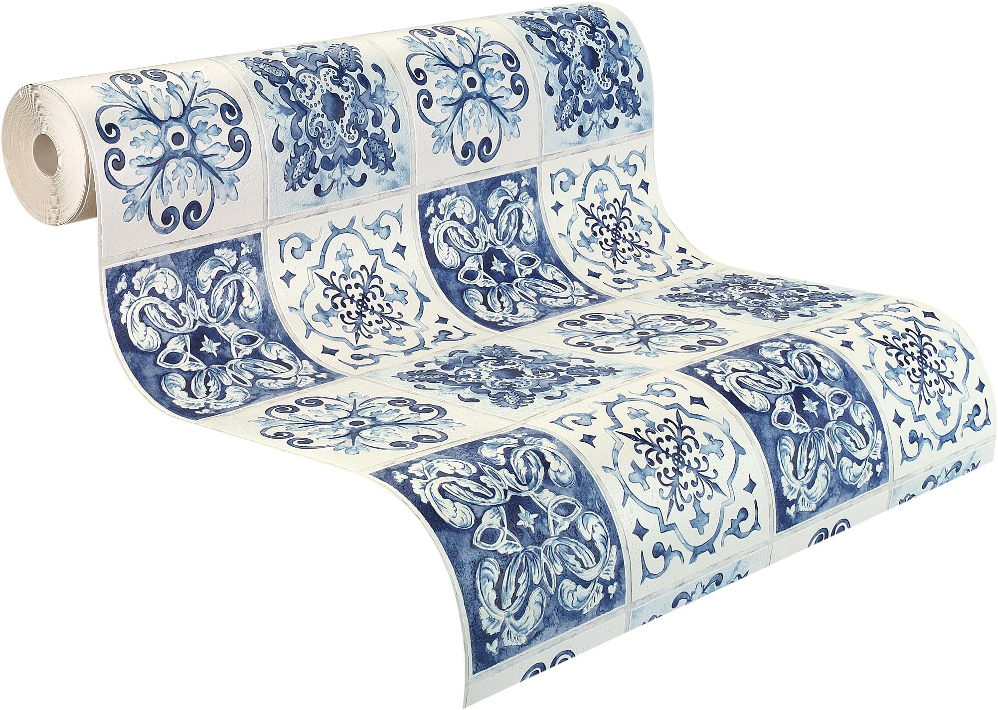 Relief Wallpaper on Paper, Tiles, Glazed Tiles, Pattern, by Rasch, White, 885309