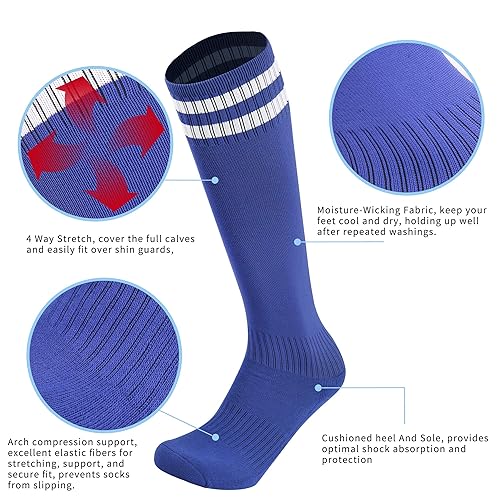 Disile Kids Youth Soccer Socks 4 Pack - Knee High Striped Tube Athletic Socks For Boys & Girls - Medium Black/White/Blue/Red