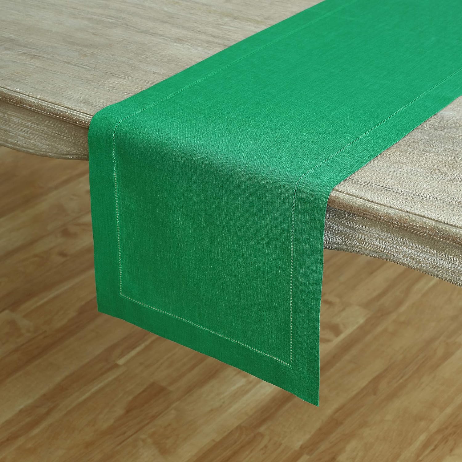 Solino Home 100% Pure Linen Hemstitch Table Runner - 14 x 60 Inch, Handcrafted from European Flax, Machine Washable Classic Hemstitch - Green