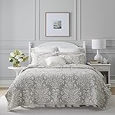 Laura Ashley - Queen Quilt Set, Reversible Cotton Bedding with Matching Shams, Home Decor for All Seasons (Rowland Grey, Queen)