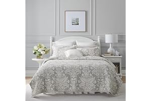 Laura Ashley Rowland Collection 100% Cotton, Reversible, All Season Bedding with Matching Sham, Pre-Washed for Added Comfort, Queen, Gray