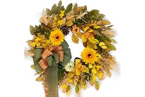 SOOMEIR Fall Wreaths for Front Door, Sunflower Autumn Thanksgiving Wreath with Pumpkins and Burlap Bows, Door Decor for Farmhouse Holiday Indoor Outdoor Outside Halloween