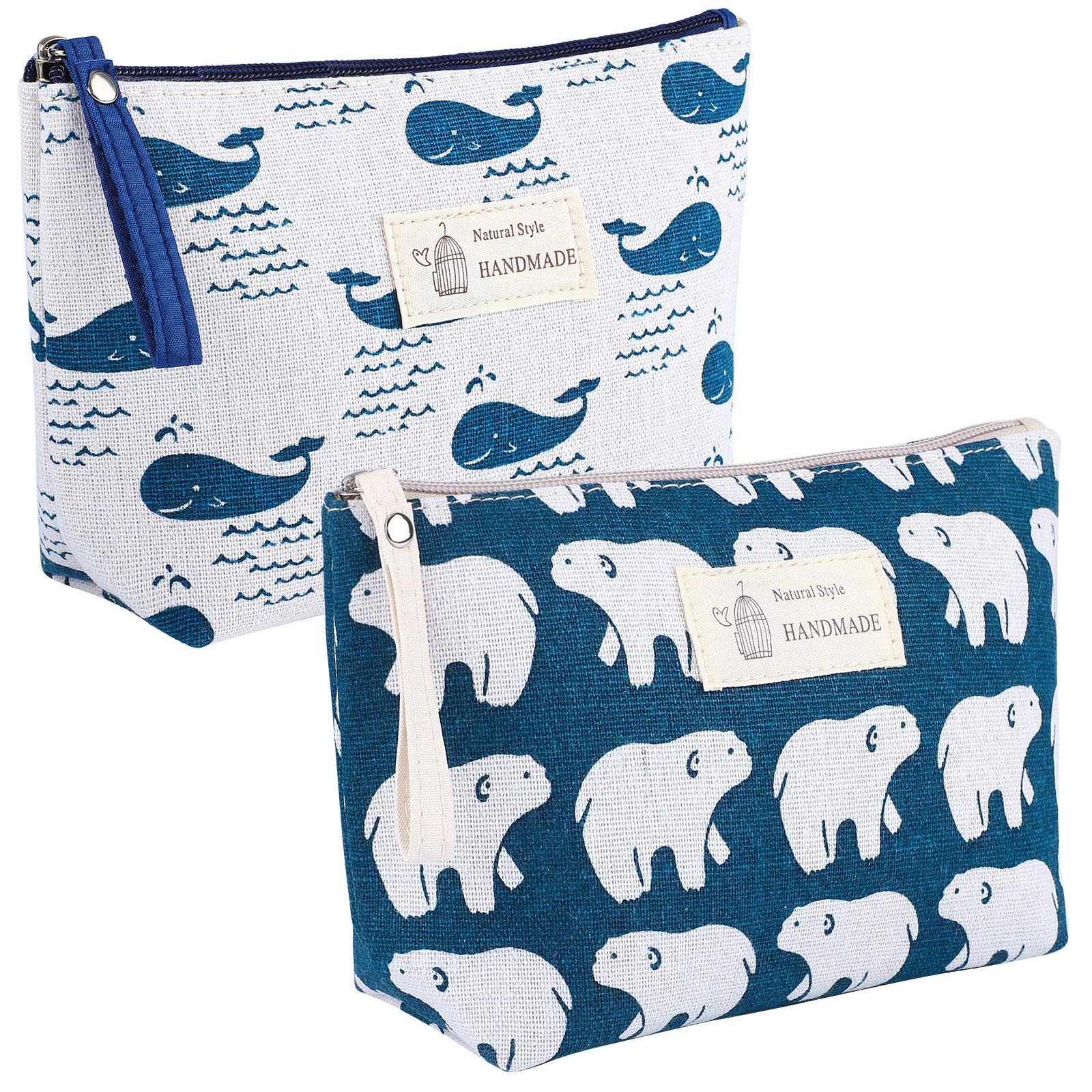 ADXCO 2 Pack Canvas Cosmetic Bags Multi-functional Pen Holder Portable Traveling Make Up Bag for Girls Women Students Pencil Case, Whale, Polar Bear
