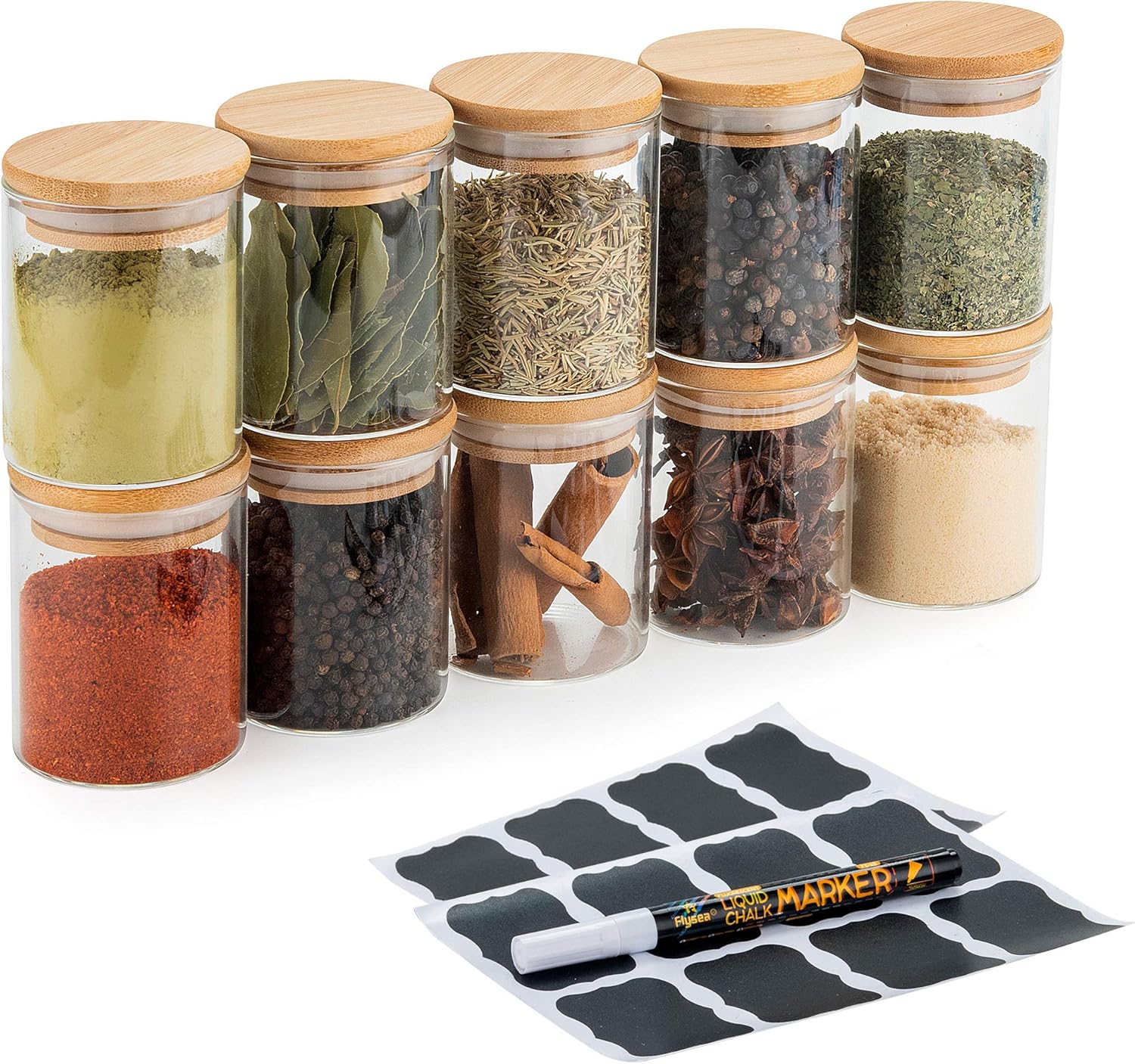 Deco haus Luftdichte Vorratsgläser mit Bambus-Deckel - 10er Set - Teedosen, Gewürzgläser, Keksdosen, Vorratsbehälter, Gläser - 16 Klebeetiketten & Kreidestift - Ø 6,5 cm, Höhe 8,5 cm, 150 ml