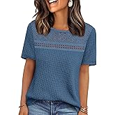 OFEEFAN Womens Tops Dressy Casual Short Sleeve Shirts Boho Crochet Lace Waffle Knit Plus Size Fashion Clothing