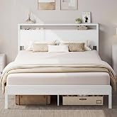 LIKIMIO Queen Bed Frame with 2-Tier Storage Shelf Headboard | Wood Platform Bed, Camas Queen with Strong Metal Supports, Sturdy, Noise-Free, No Box Spring Needed, White