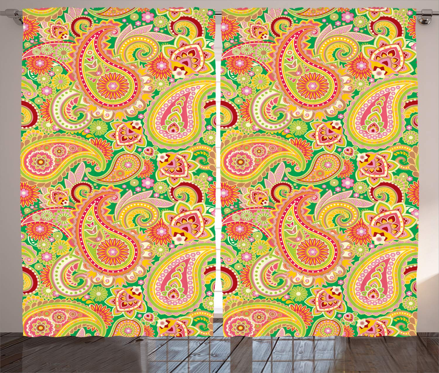 ABAKUHAUS Paisley Curtains, Traditional Persian Teardrop Pattern Print Eastern Elements Vintage, Living Room Bedroom Window Drapes 2 Panel Set, 96 W X 110 L, Yellow Green — image 1