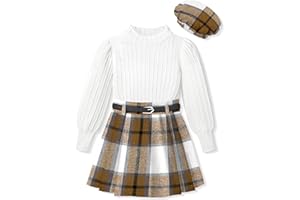 ADIFUN Clothes For Girls Skirt Pants Sets Long-Sleeved Round Neck Top Flannel Plaid Skirt Dress Beret Girls Outfit 3 Piece