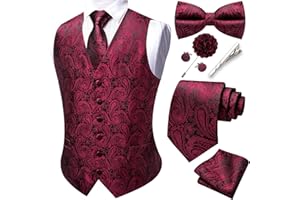 YOHOWA Mens Suit Vest Silk Tie Bowtie Set Paisley Jacquard Formal Waistcoat Clip Hanky Cufflinks Lapel Pin Wedding Party 8PCS