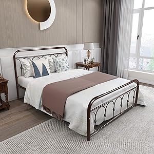 Queen Size Metal Bed Frame Heavy Duty Platform with Headboard Steel Slat Support No Box Spring Needed (Queen, Bronze)