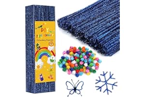 Iuuidu Pipe Cleaners Chenille Stem, 300PCS Glitter Pipe Cleaners Craft Supplies, Fuzzy Sticks Pipe Cleaner Brush with 100PCS Glitter Pom Poms for DIY Art Creative Craft Decorations (Royal Blue)