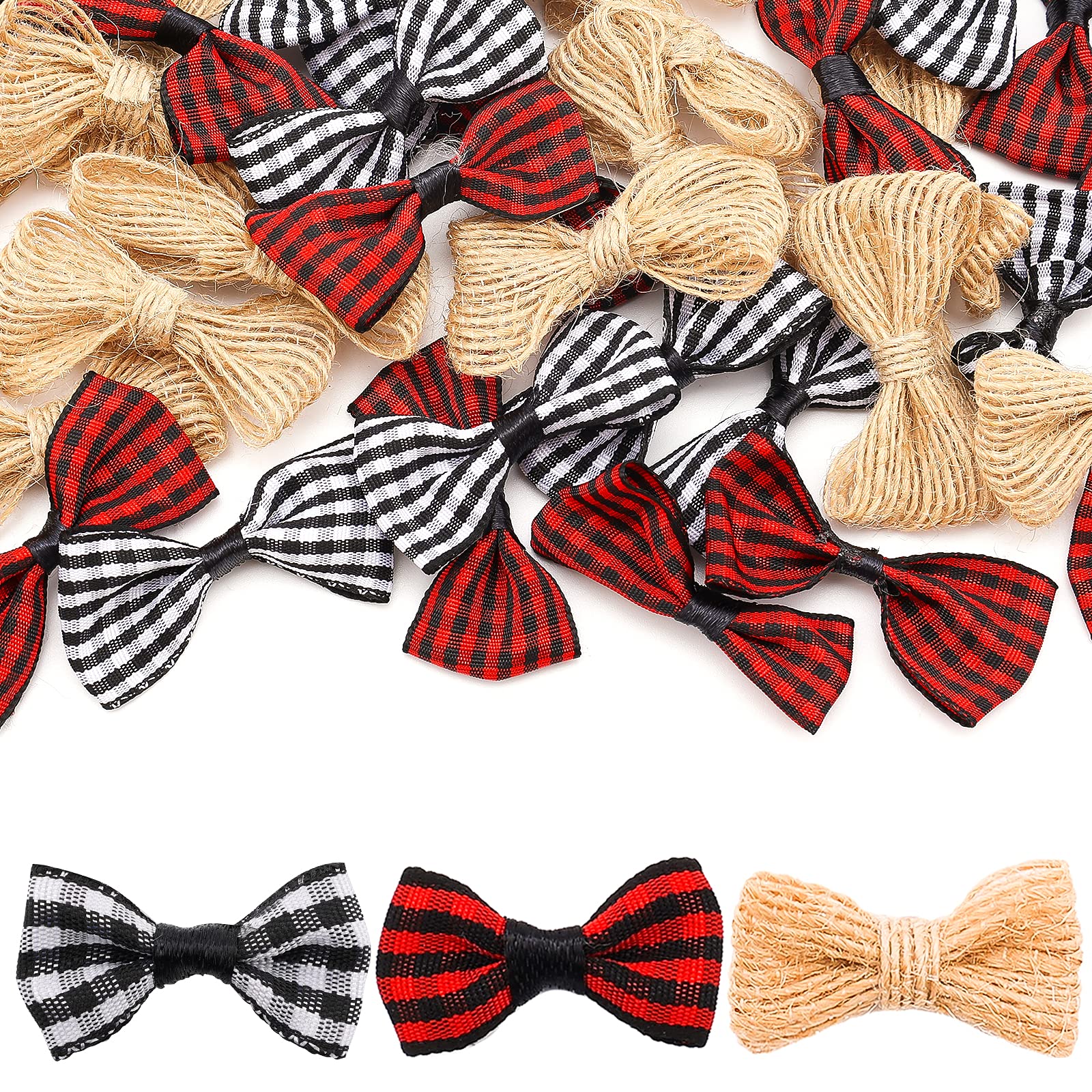 SAVITA 60 Pieces 1.96IN/5cm Small Christmas Burlap Buffalo Check Bows, Tartan Ribbon Hessian Bows Mini Plaid Ribbon Bows for Ornaments Crafting, Christmas Tree (Black&White, Black&Red, Flaxen)