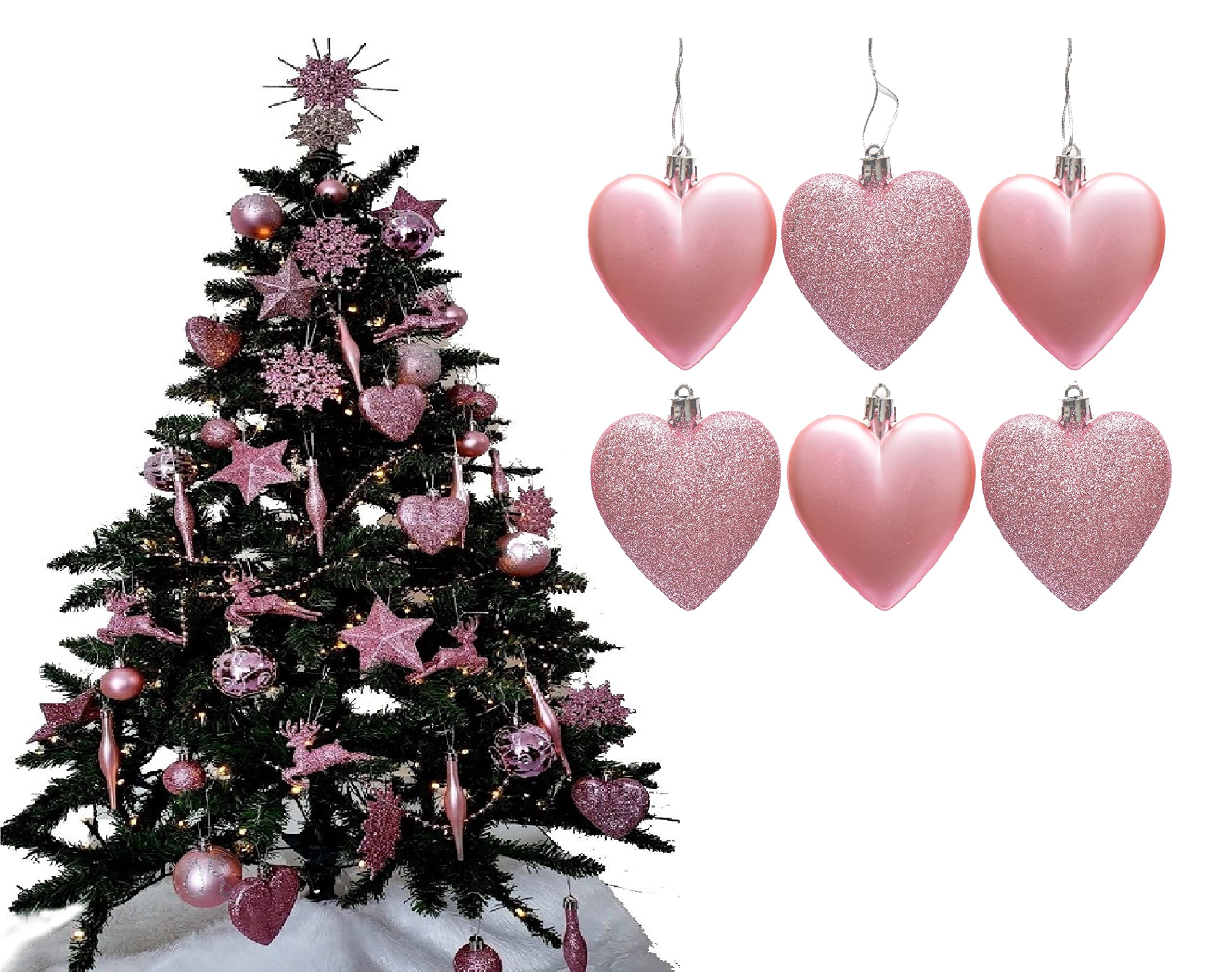 6pc Large Glitter & Matte Heart Baubles - Great Christmas Tree Decorations, Heart Baubles (Blush)