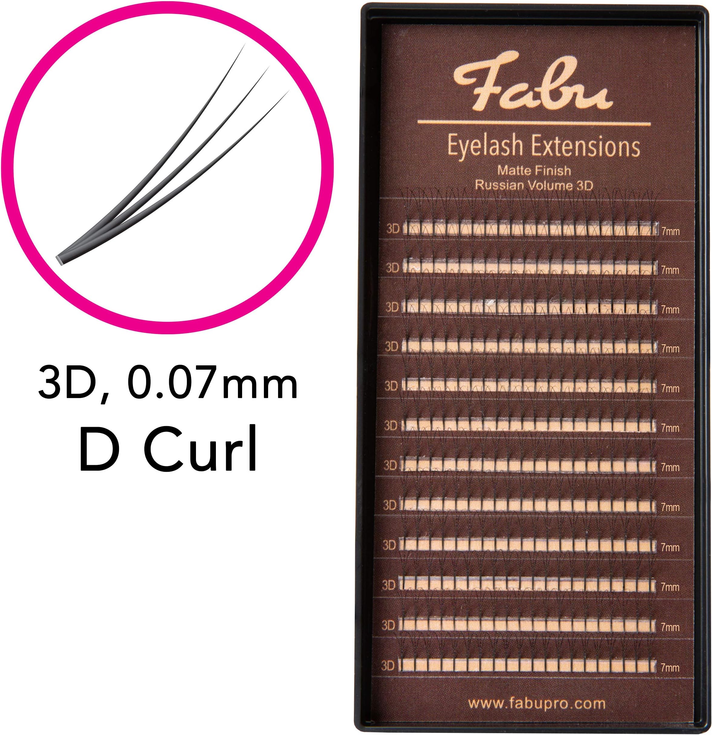 Fabu Eyelash Extensions Russian Volume Premade 3D Fans, Thickness/Diameter 0.07, D Curl, ONE LENGTH PER TRAY (7mm)