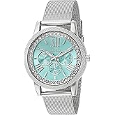 XOXO Women's Silver-Tone Analog Watch with Crystal Bezel and Aqua Blue Dial – Mesh Band Dress Watch with Faux Chrono Look Fits Wrists 5.5"-8" in Gift Box