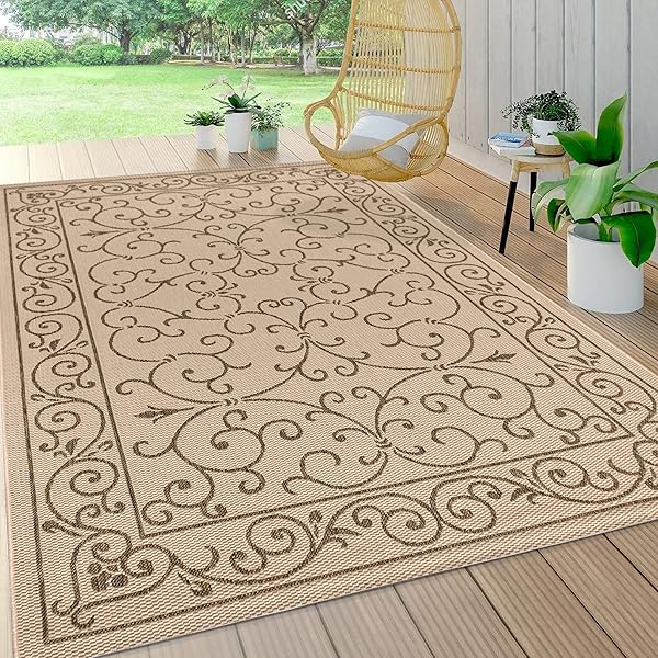 JONATHAN Y SMB106A-8 Charleston Vintage Filigrangewebe Teppich für drinnen und draußen, leicht zu reinigen, Schlafzimmer, Küche, Garten, Terrasse, Nicht fusselnd, 240 cm x 300 cm, Beige/Braun