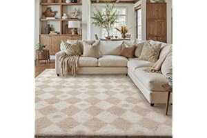 PureCozy Beige 8x10 Area Rug for Living Room Washable Non Slip Neutral Soft Bedroom Checkered Carpet Fluffy Modern Shag Fuzzy