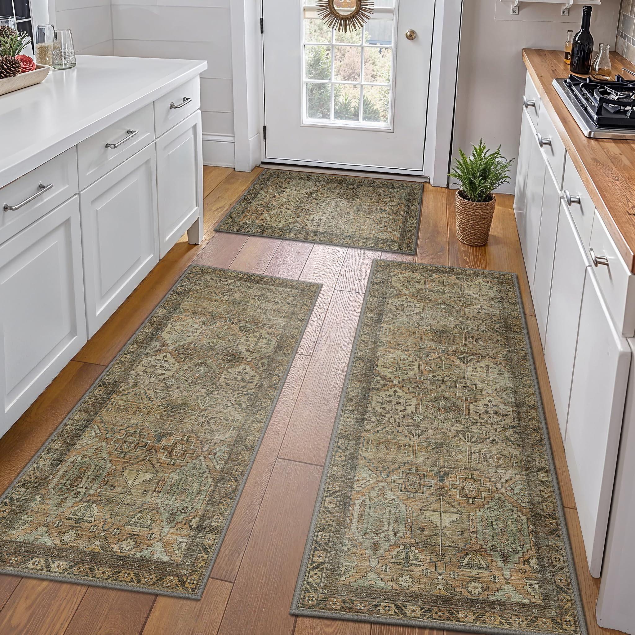 Photo 1 of GENIMO Kitchen Mats for Floor Set of 3 Non-Slip Washable, Waterproof Lightweight Kitchen Rugs, Kitchen Floor Mat Runner Rug Carpet for Laundry, Sink, Hallway, Bathroom, Entryway, Brown Green