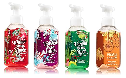 Bath & Body Works Christmas Holiday Traditions Soap - Vanilla Bean Noel + Winter Candy Apple + Merry Cookie + Twisted Peppermint - Set of 4 Gentle Foaming Hand Soaps