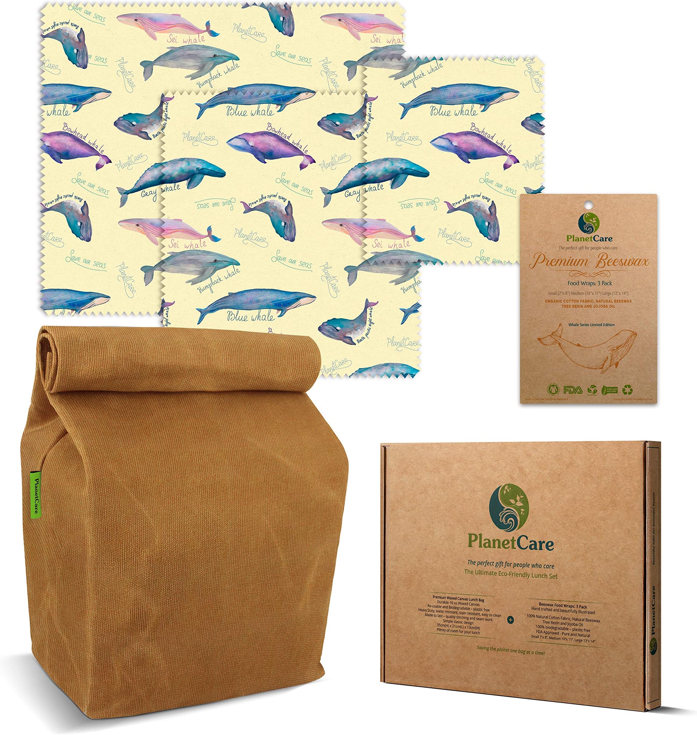 PlanetCare Premium WAXED CANVAS LUNCH BAG & BEESWAX WRAPS Whales Limited Edition: The ultimate ECO FRIENDLY LUNCH SET! 100% Biodegradable, and plastic free: REUSABLE, SUSTAINABLE, WASHABLE & NATURAL