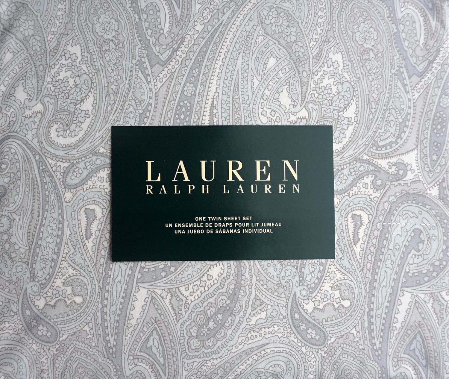 Lauren Ralph Lauren 3 Piece Cotton Twin Size Sheet Set Light Pale Blue Gray Paisley Pattern on White