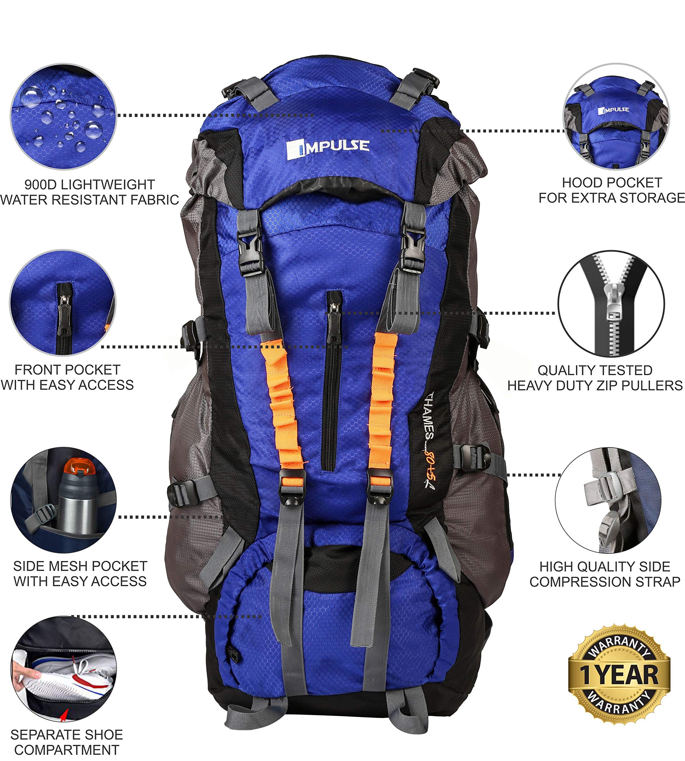 impulse unisex blue 65 litres rucksack