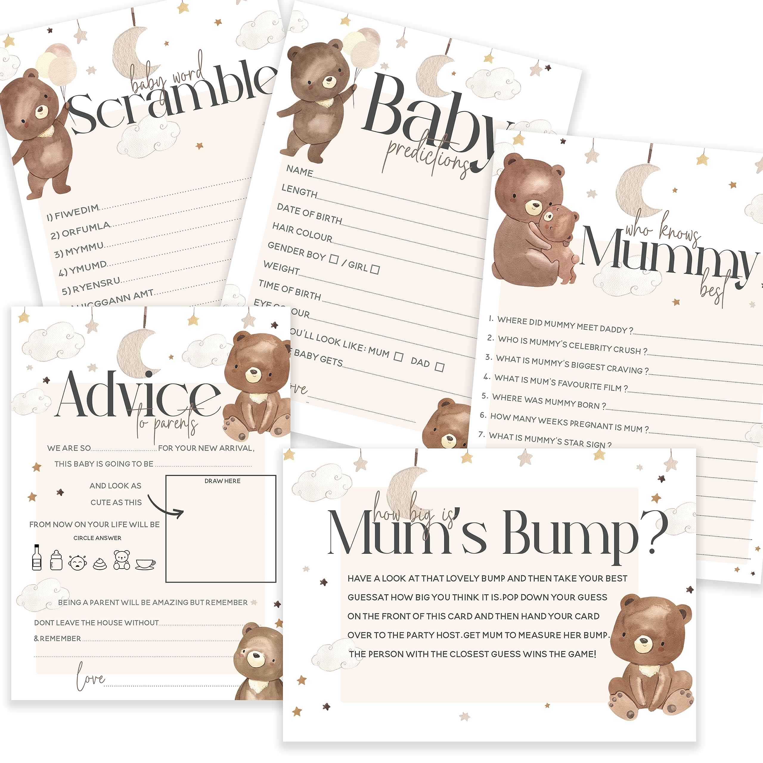 The Little Party Company Baby shower Games - Cute Teddy Bear Theme Bundle Pack- 5 Games in 1 pack- Baby shower games-Bear Theme Design (Bear5in1)