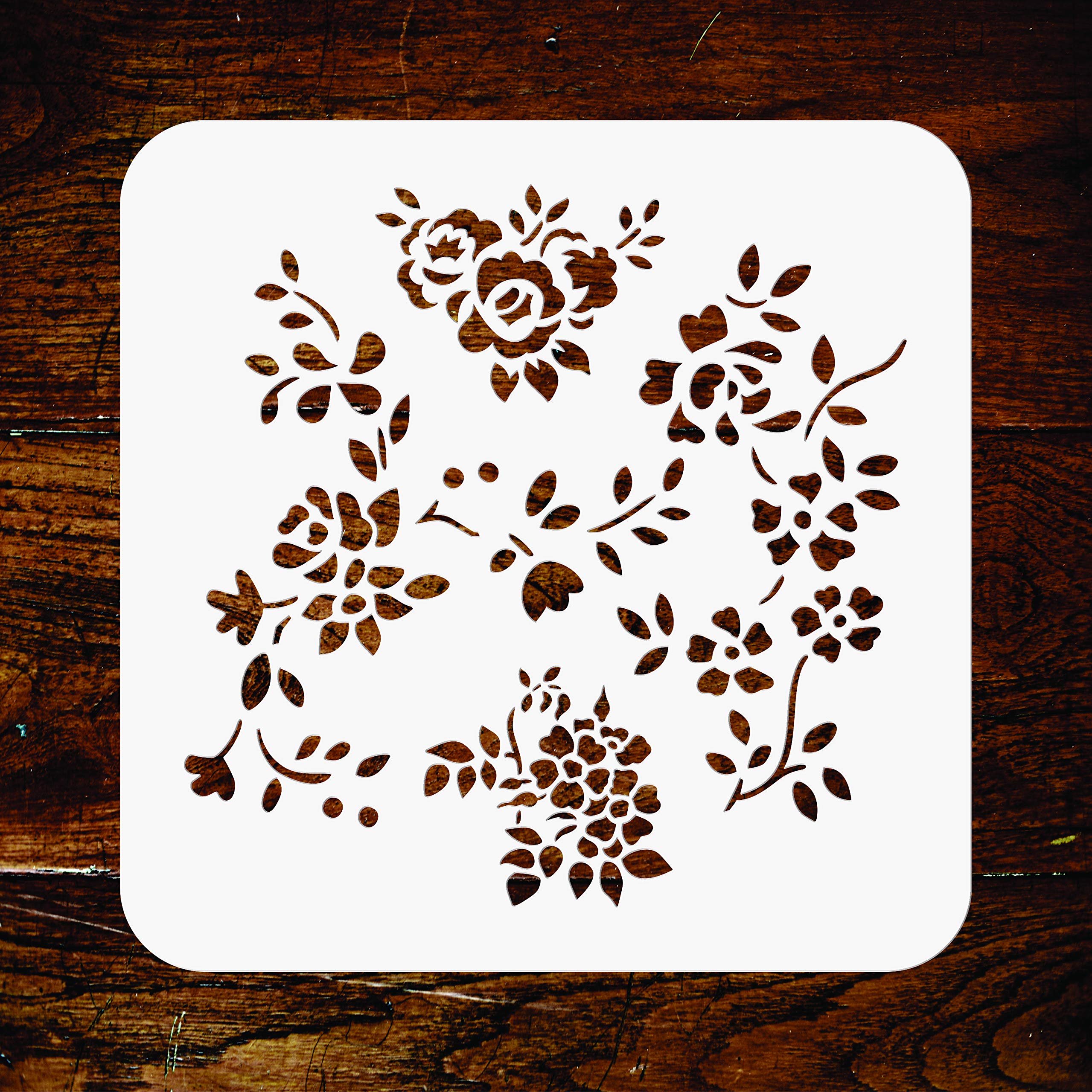 Naive Flowers Stencil - 11.5 x 11.5 cm - Reusable Folkart Rose Flora Flower Wall Stencils Template
