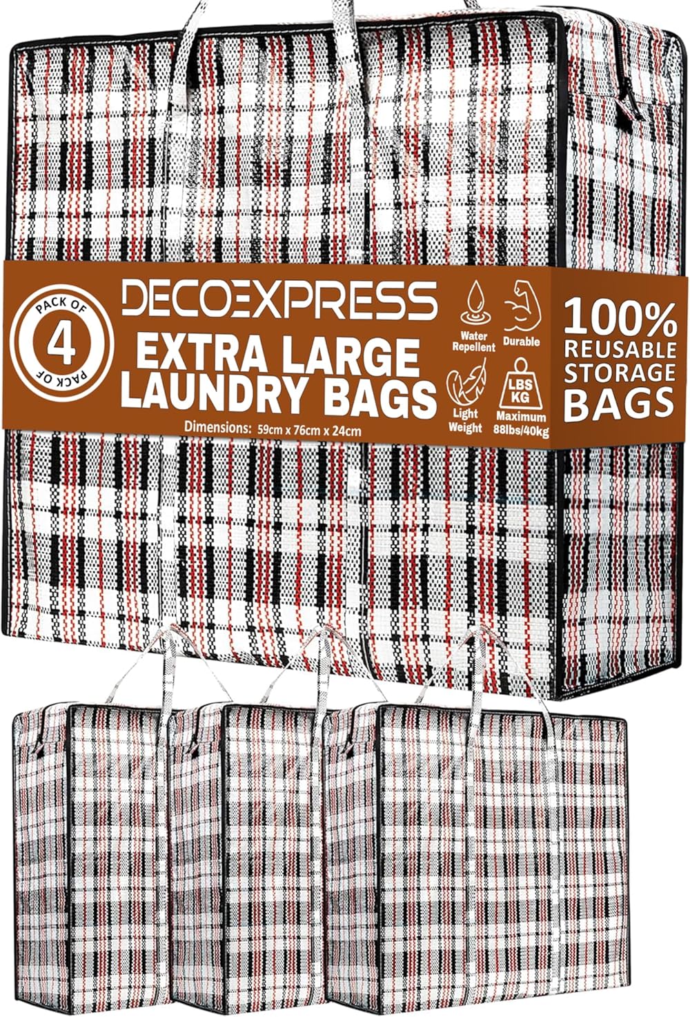 DECO EXPRESS Laundry Bags XXL 107L Pack of 4 Durable Zippered Bags