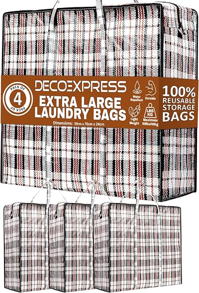 DECO EXPRESS Laundry Bags XXL 107L Pack of 4 Durable Zippered Bags