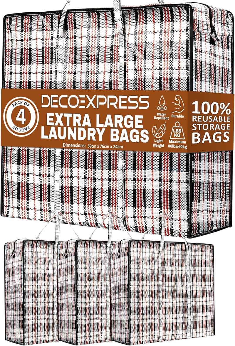 DECO EXPRESS Laundry Bags XXL 107L Pack of 4 Durable Zippered Bags