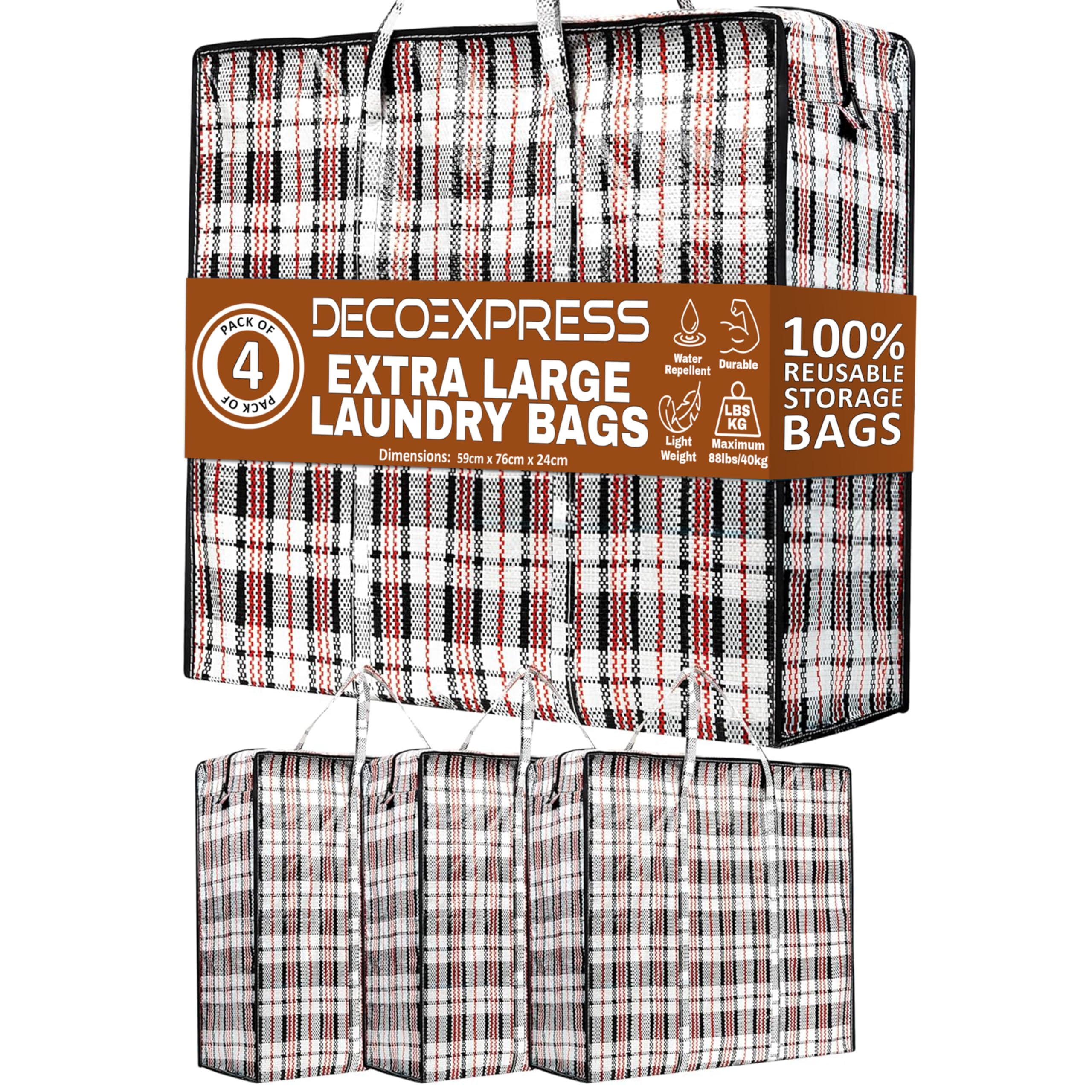DECO EXPRESS Laundry Bags XXL, Pack of 4, 107L Strong, Durable & Reusable Extra Large Storage Bags with Zips, Ideal for Moving, Shopping, Packing, Laundry & Clothes Storage (76 X 59 X 24 CM)