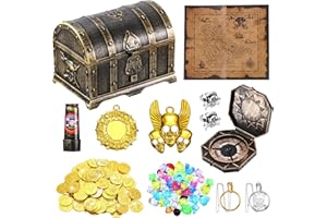 THREAN 109 Pcs Pirate Treasure Chest Toy Box Set Pirate Pretend Toys Include Pirate Map 100 Gold Coins 500g Colorful Gems 3 Skeleton Necklaces 1 Compass Telescope for Halloween Pirate Themed Cosplay Party